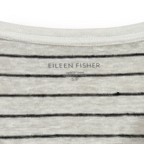 Eileen Fisher Black White Stripe 100% Organic Linen V Neck Top Small Long Sleeve - Picture 2 of 7